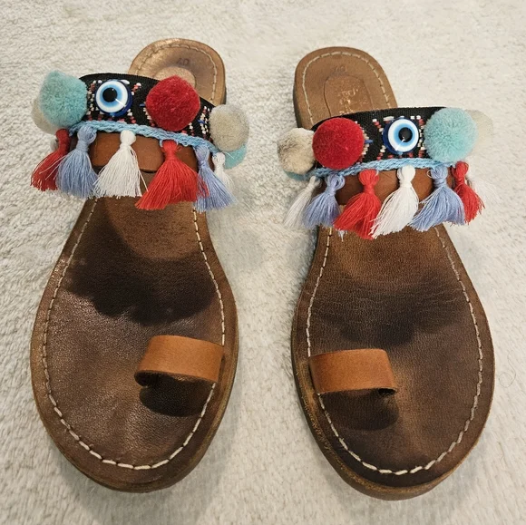 Brown Leather Pom Pom Sandals Colorful Size 9 Bohemian Tassel Western Summer - Picture 4 of 10